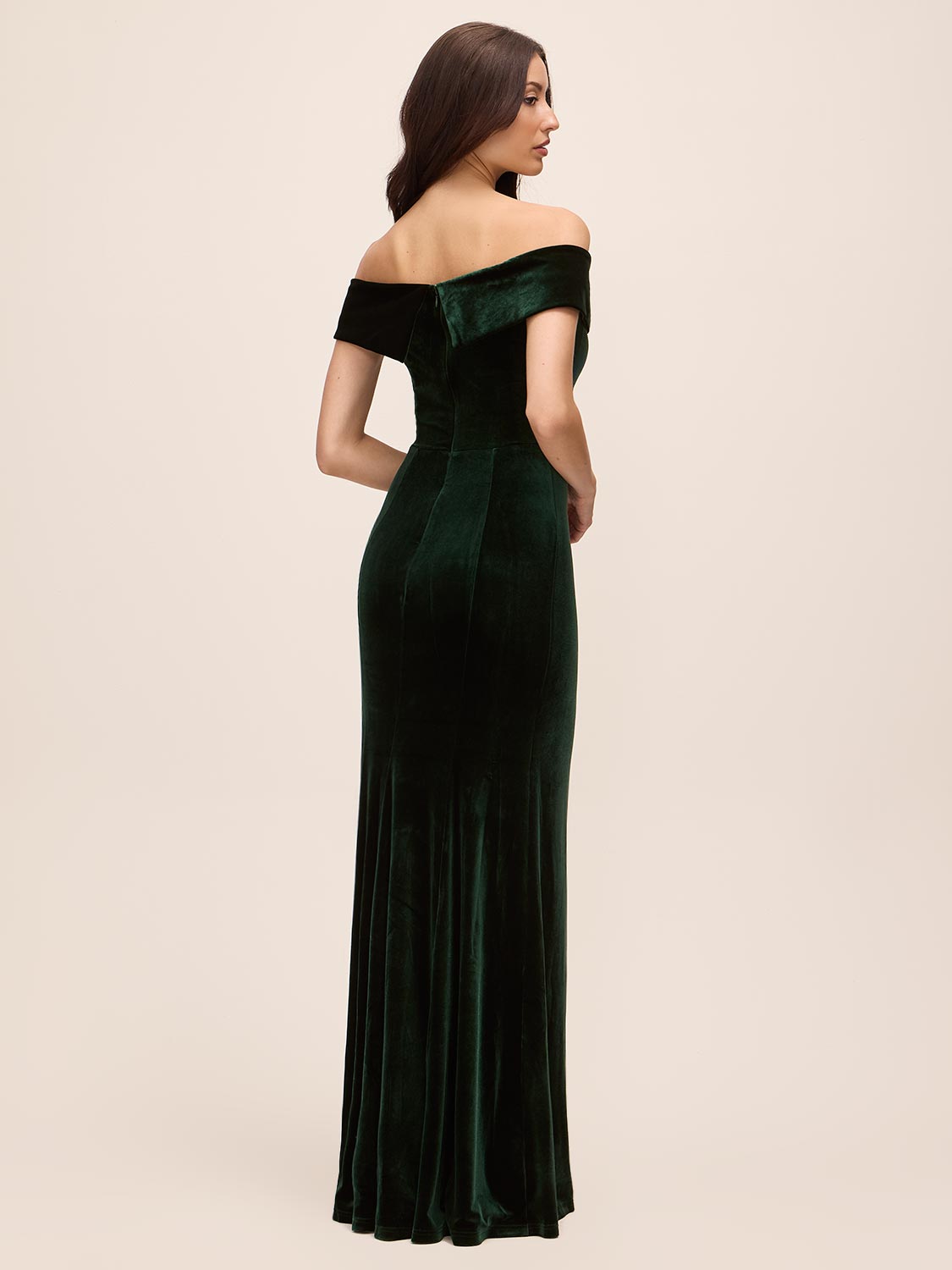 Dark Emerald Off-Shoulder Velour Mermaid Gown - Back View - Le Chateau