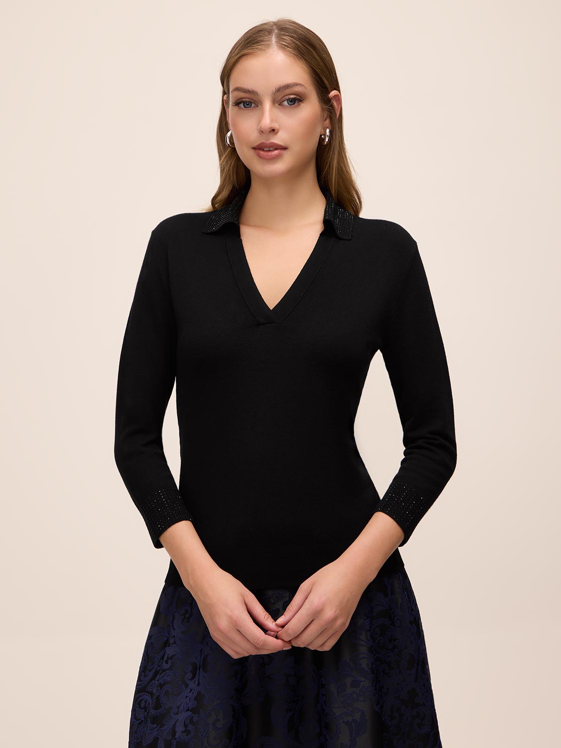 Black Rhinestone Collar Polo Sweater - Woman Wearing Knit Polo with Embellished Collar - Le Chateau