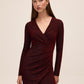 Red/Black Lurex Knit Crossover Neck Midi Dress - Front View - Le Chateau
