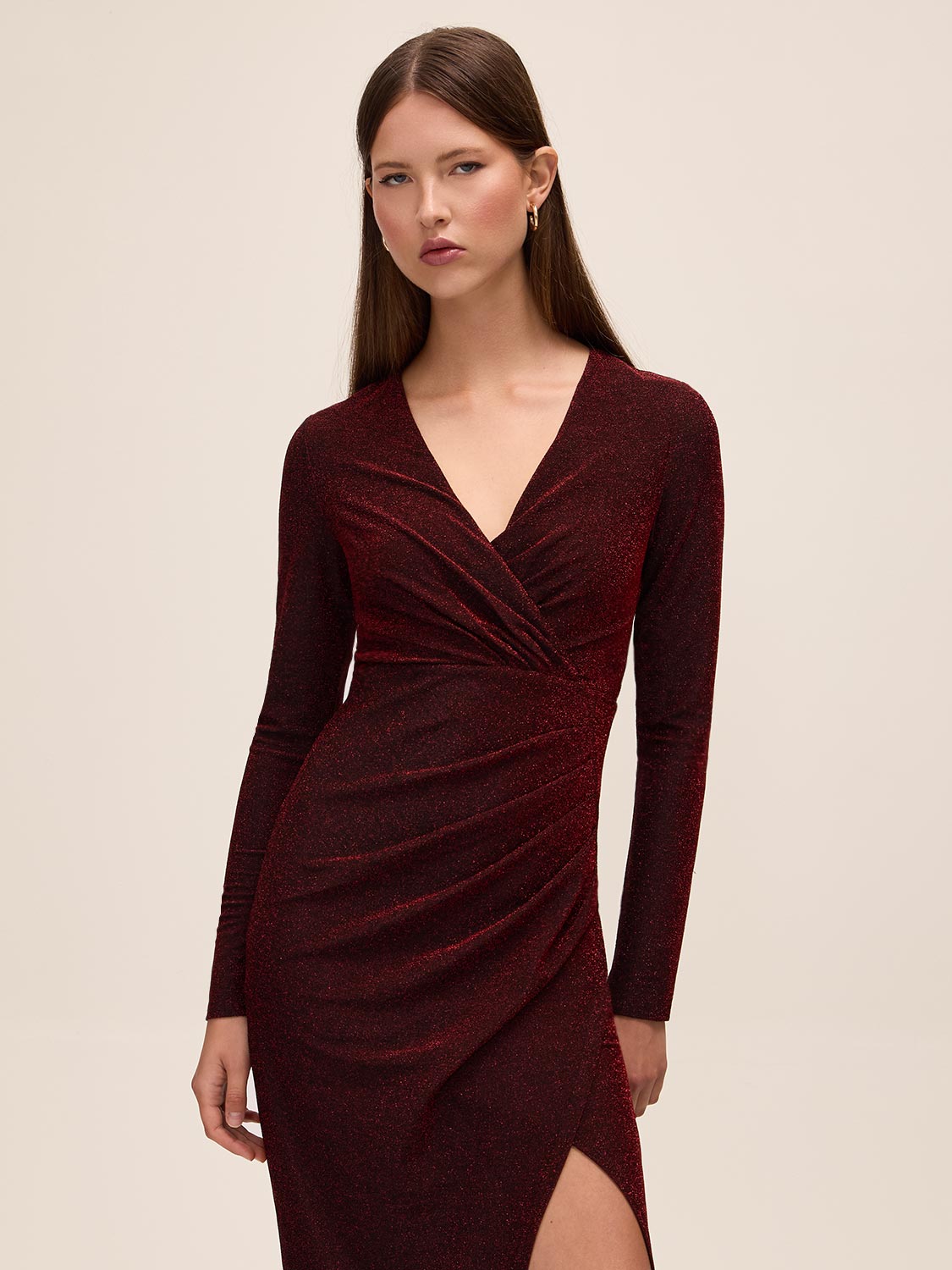 Red/Black Lurex Knit Crossover Neck Midi Dress - Front View - Le Chateau
