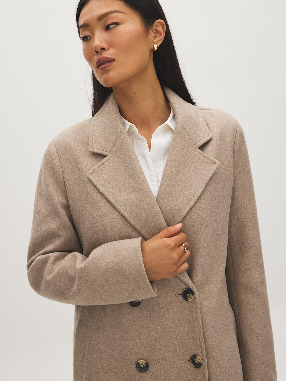 Latte Double-Breasted Faux Wool Coat - Close-up Collar Detail - Suzy Shier