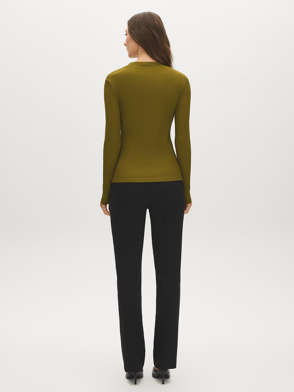 Guacamole Ribbed Deep V-Neck Long Sleeve Top - Back View - Suzy Shier