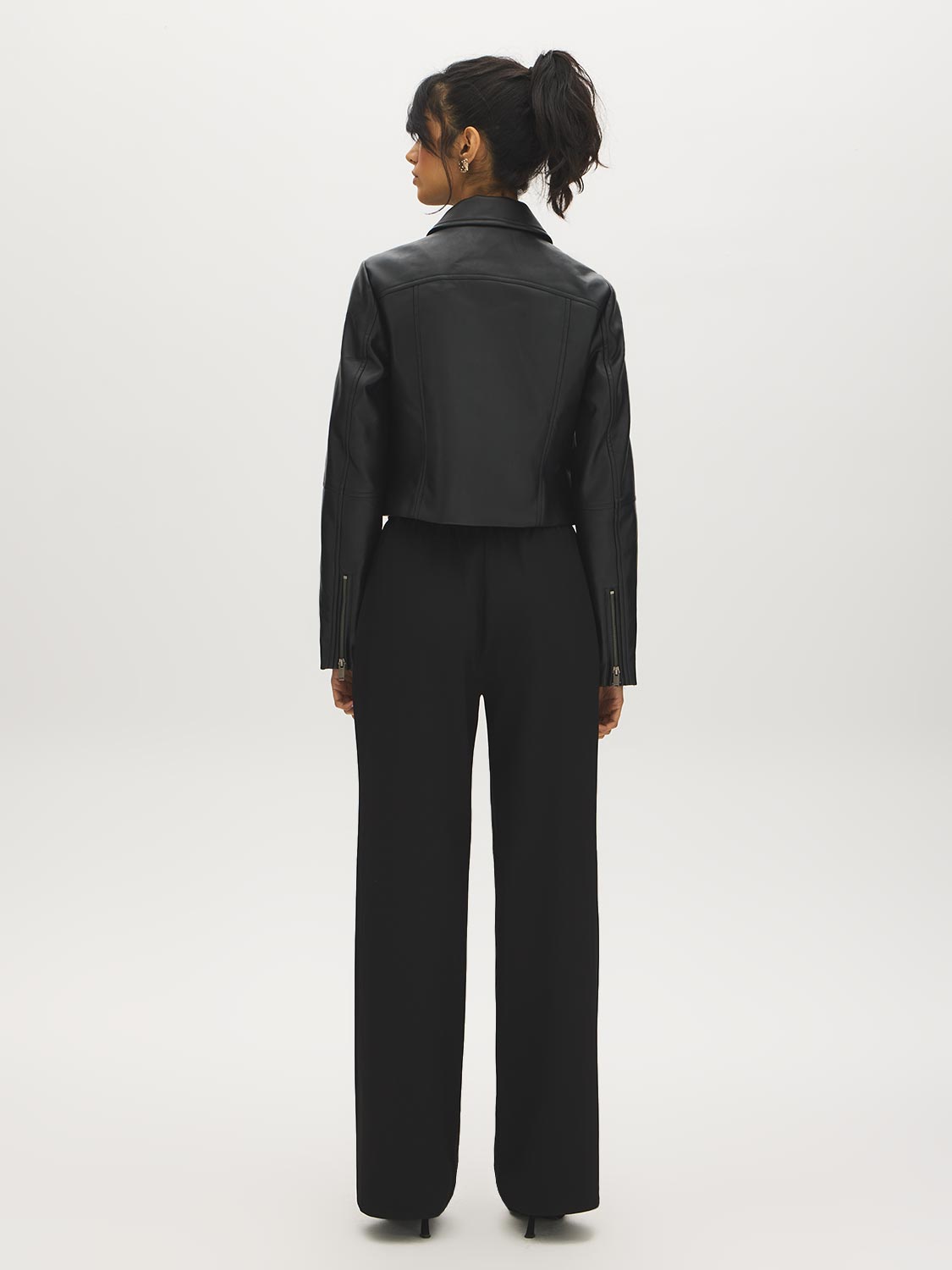 Black Vegan Leather Shorts with Front Zipper - Back View - Suzy Shier