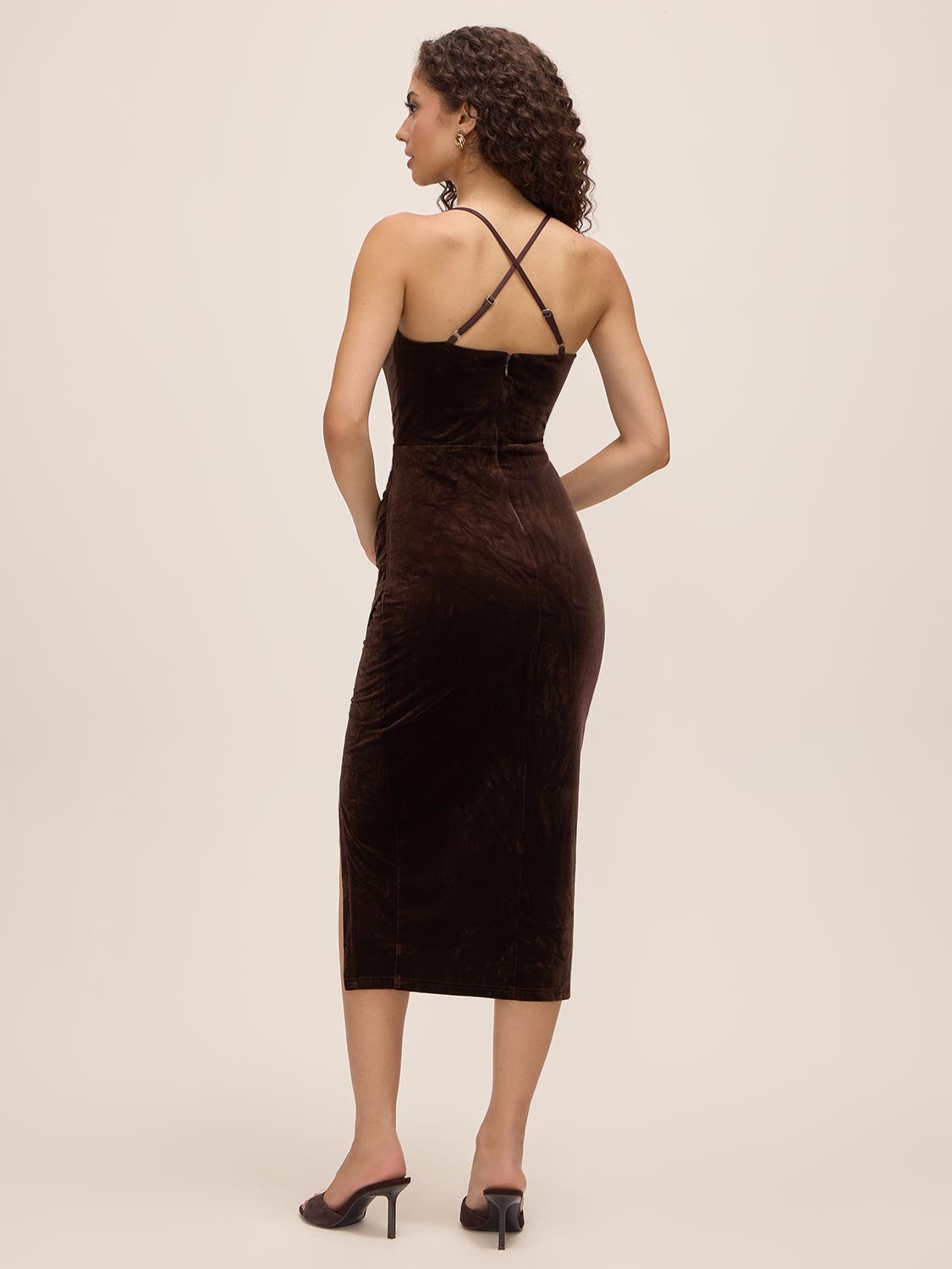 Chocolate Velour Midi Cowl Neck Dress - Back View - Le Chateau