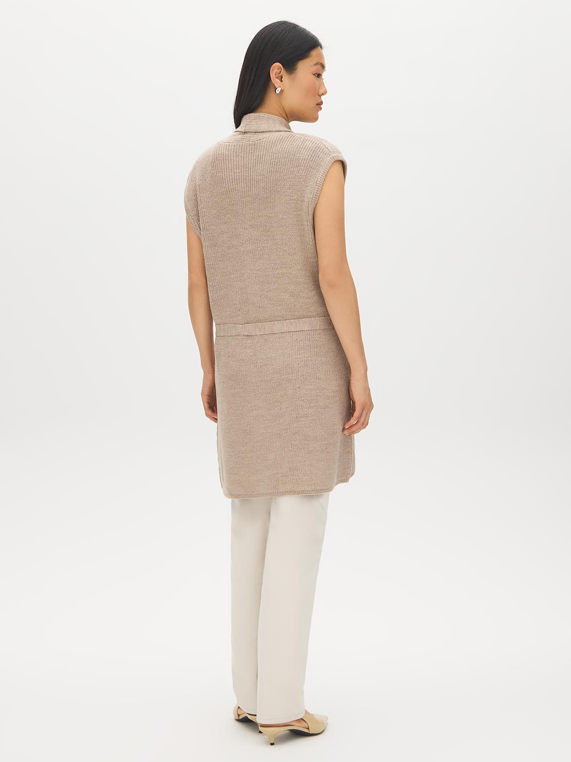 Tan Melange Sleeveless Ribbed Shawl Collar Vest - Back View - Suzy Shier