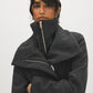 Dark Charcoal Melange Double Collar Mid-Length Coat with Belt - Collar Detail - Suzy Shier