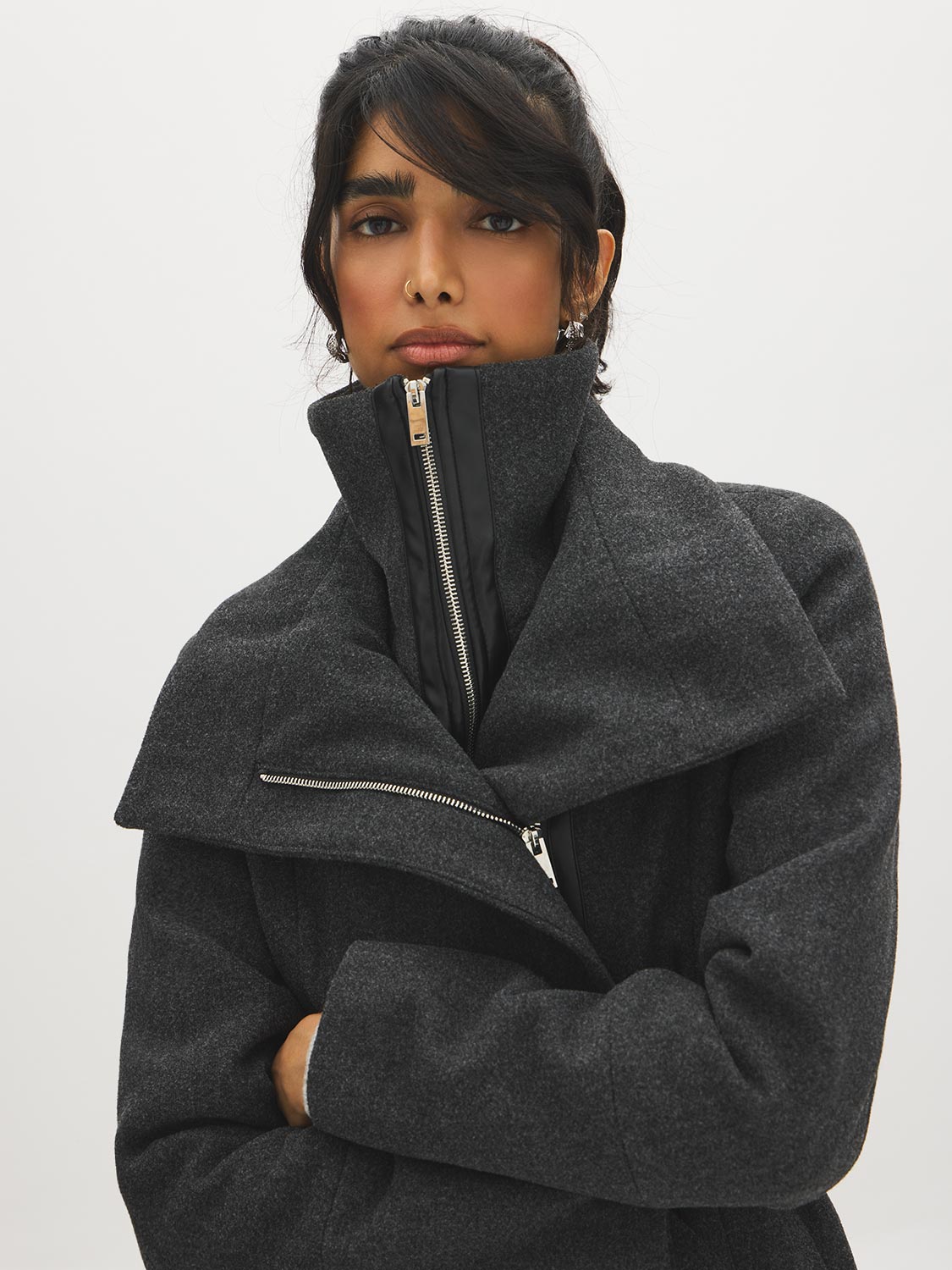 Dark Charcoal Melange Double Collar Mid-Length Coat with Belt - Collar Detail - Suzy Shier