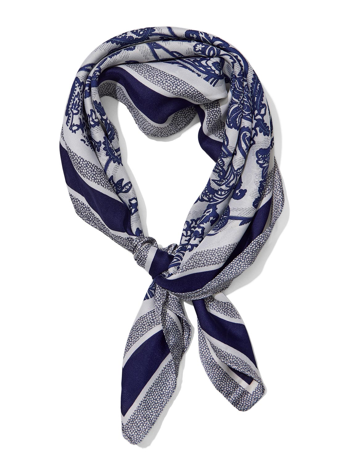 Navy Paisley Silk-Like Scarf - Close-up Paisley Detail - Suzy Shier