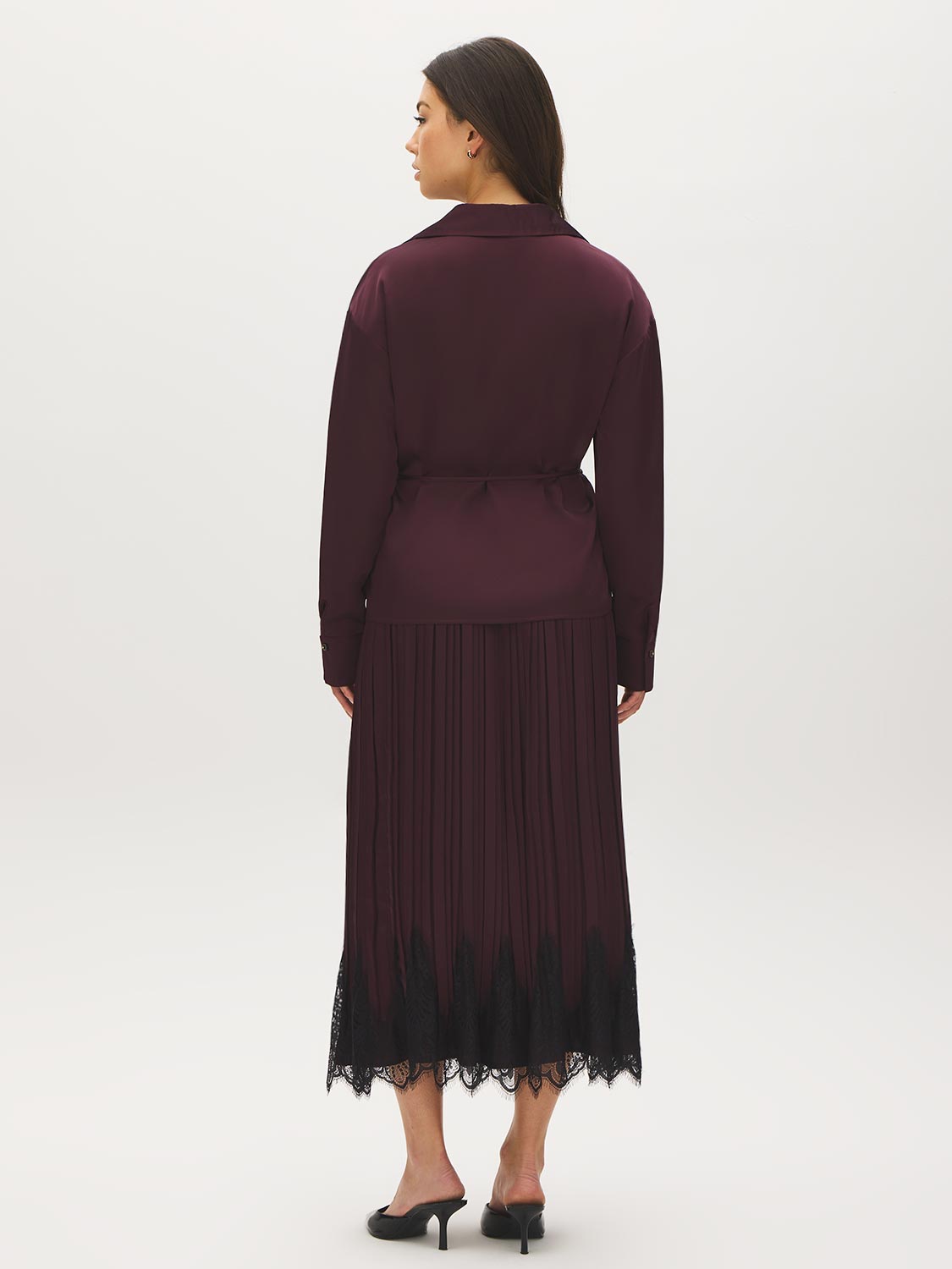 Wine Satin-Like Drop Shoulder Blouse with Waist Tie - Back View - Suzy Shier