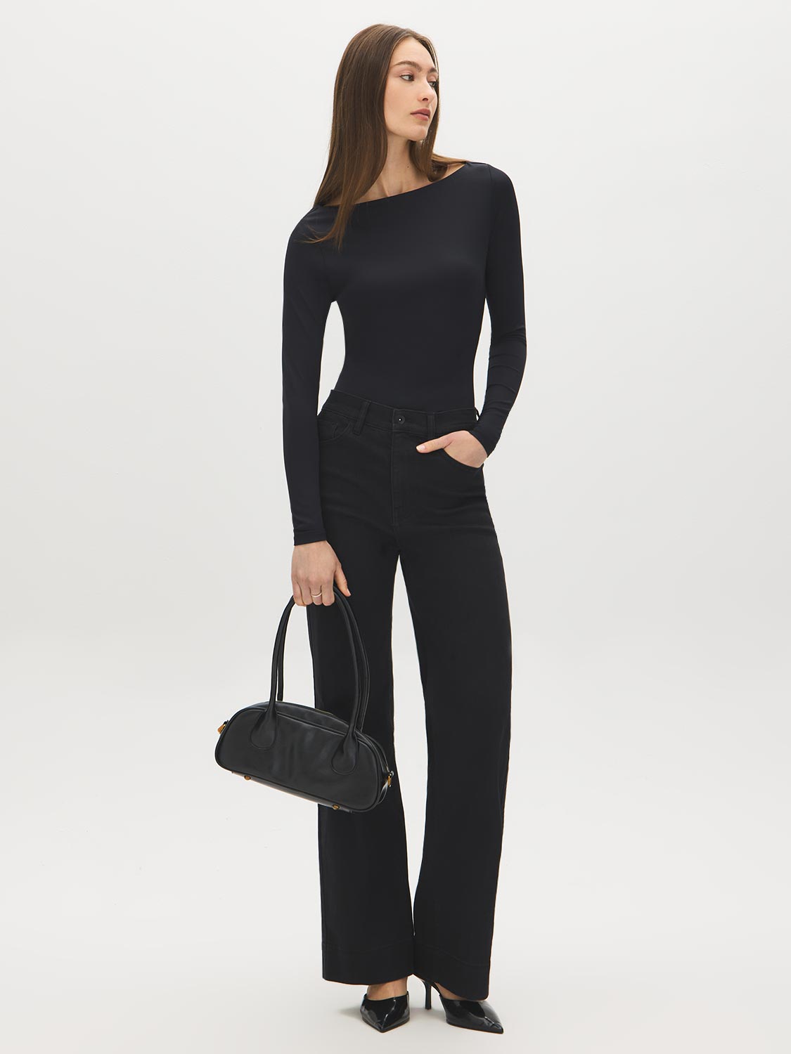 Jet Black Double Layer Boat Neck Top - Front View - Suzy Shier