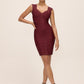 Burgundy V-Neck Bandage Sheath Dress - Woman Wearing Sleeveless Fitted Dress - Le Chateau