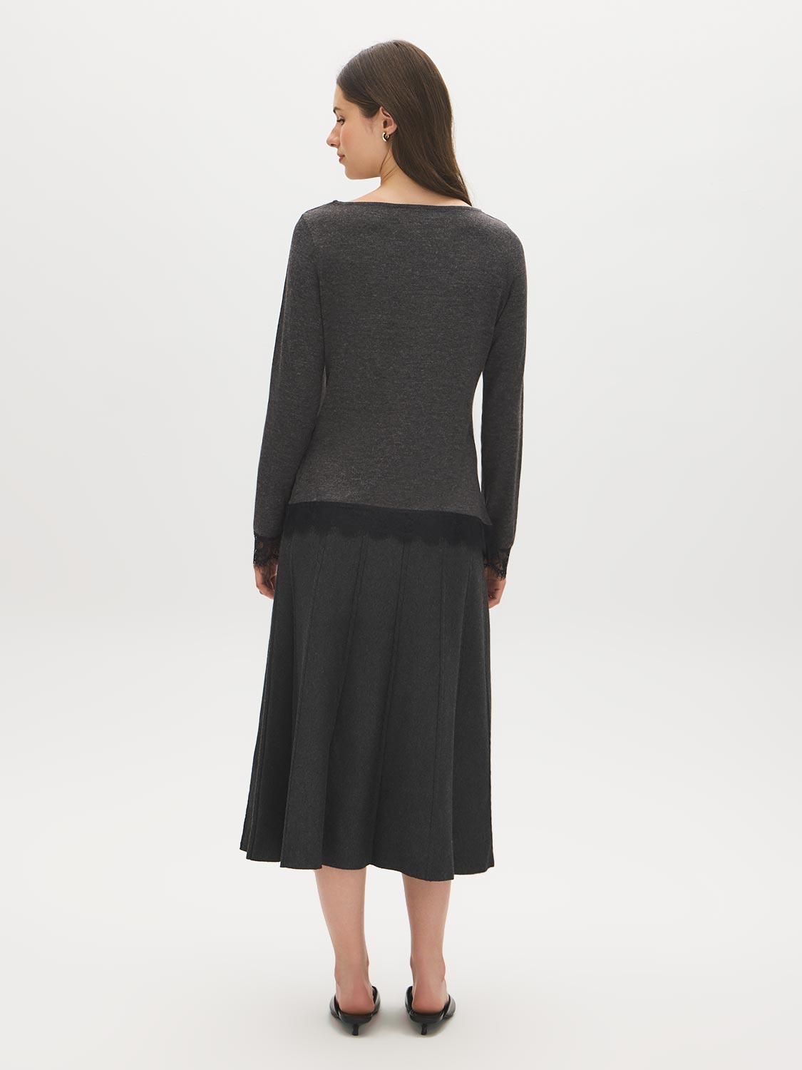 Grey Melange Asymmetrical Hem Sweater - Back View - Suzy Shier