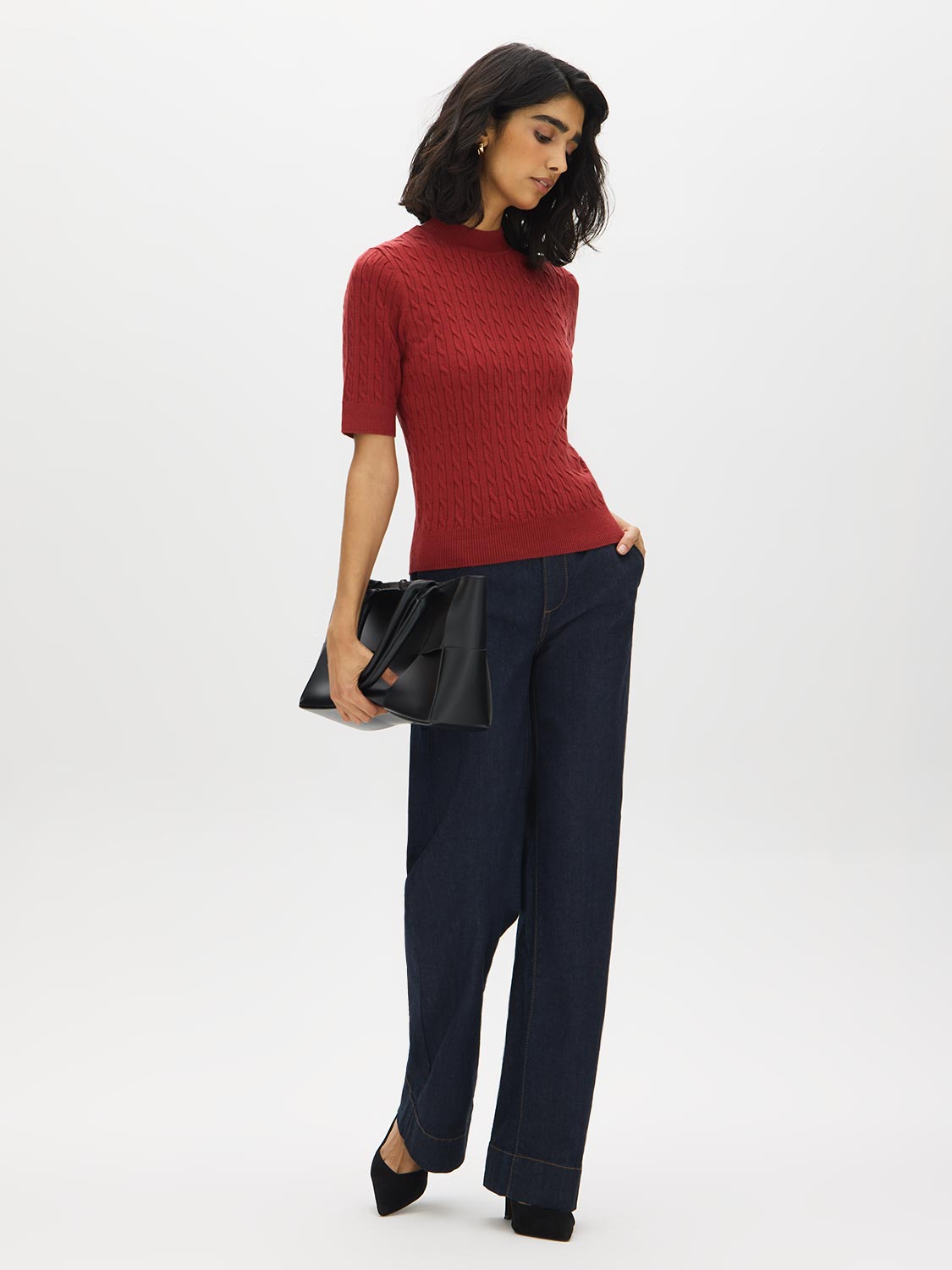 Rosewood Cable Knit Mock Neck Sweater - Front View - Suzy Shier
