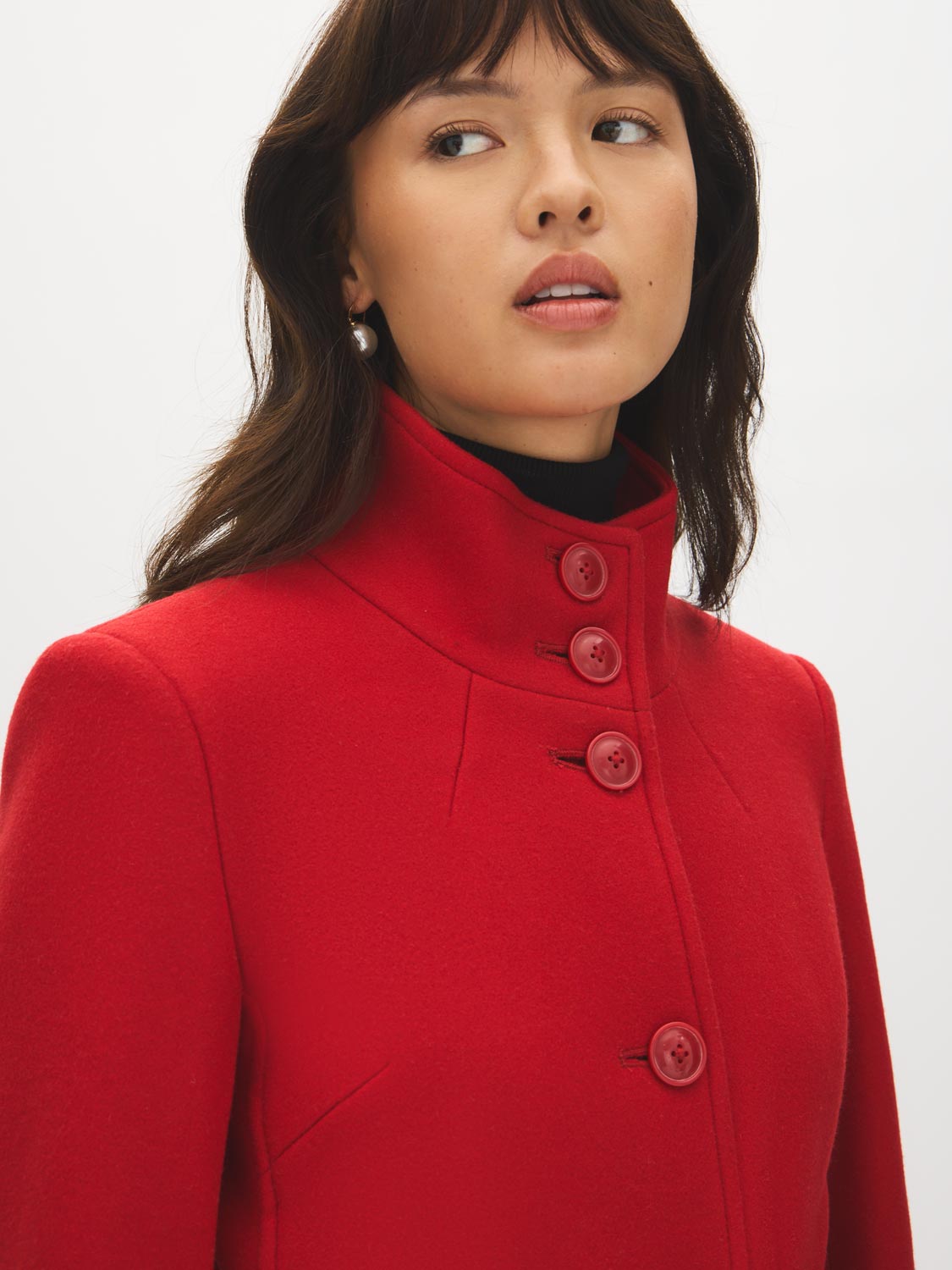 Red Faux Wool Funnel Neck Coat with Wrap Belt - Back View - Suzy Shier