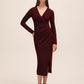 Red/Black Lurex Knit Crossover Neck Midi Dress - Woman Wearing Long Sleeve Evening Dress - Le Chateau