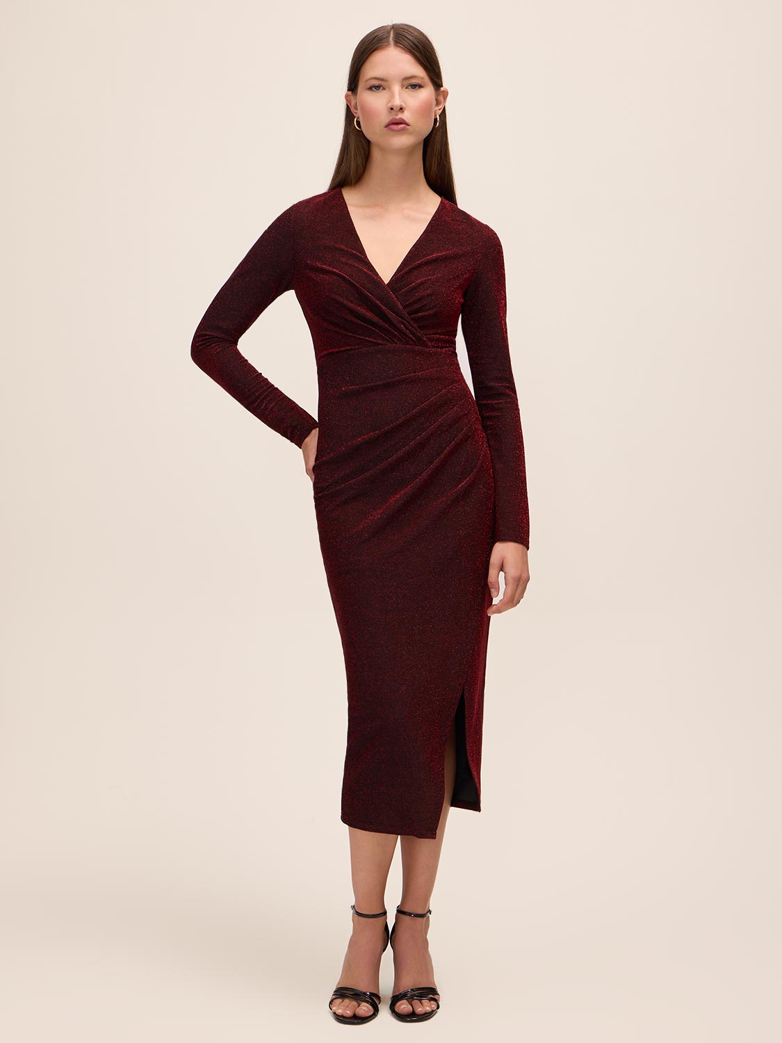 Red/Black Lurex Knit Crossover Neck Midi Dress - Woman Wearing Long Sleeve Evening Dress - Le Chateau
