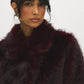 Brown Faux Fur Coat with Leather Detail - Alternate Color Close-up Collar Detail - Suzy Shier