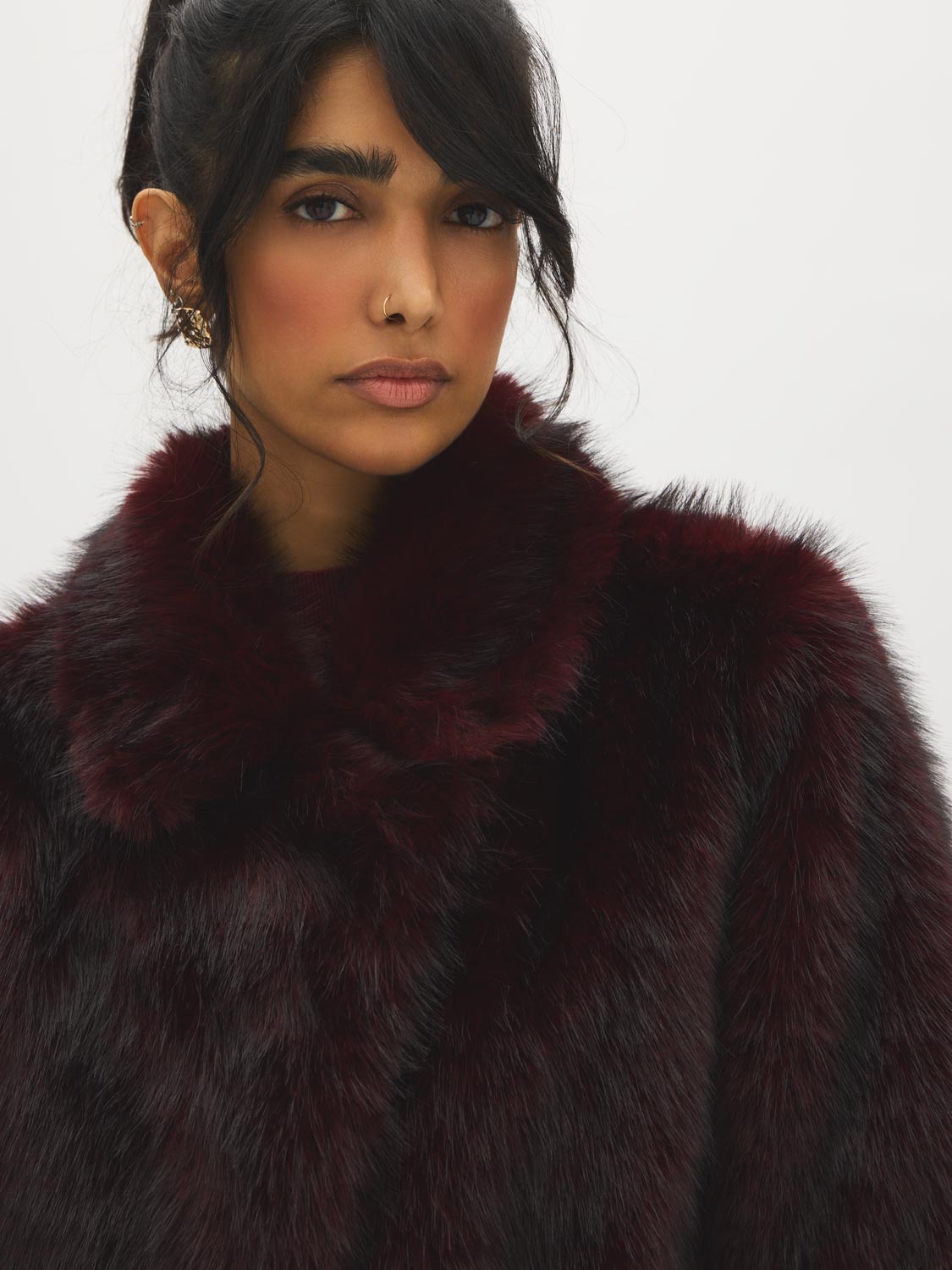 Brown Faux Fur Coat with Leather Detail - Alternate Color Close-up Collar Detail - Suzy Shier