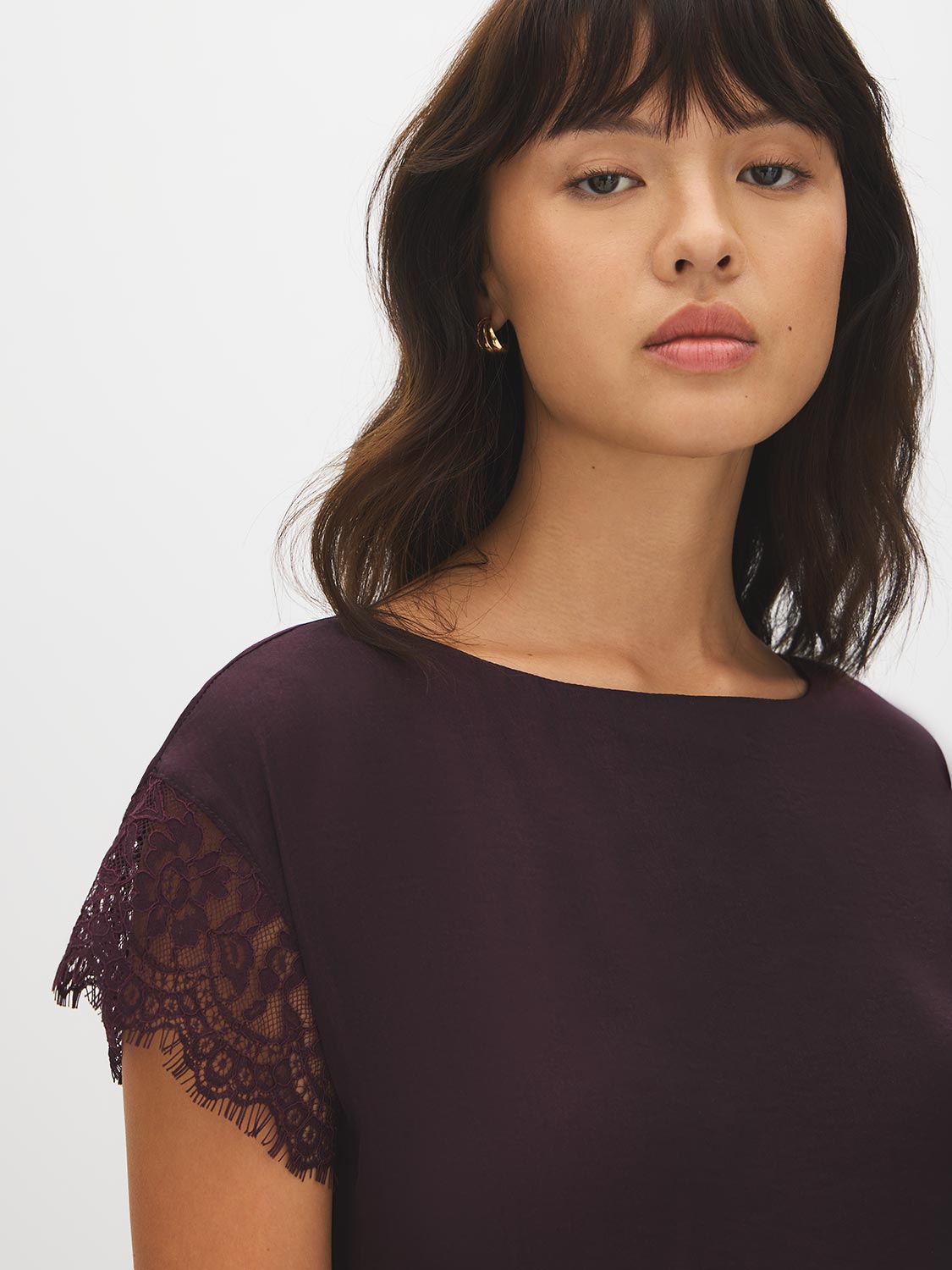 Midnight Plum Boat Neck Popover Top with Lace Trim - Lace Detail - Suzy Shier