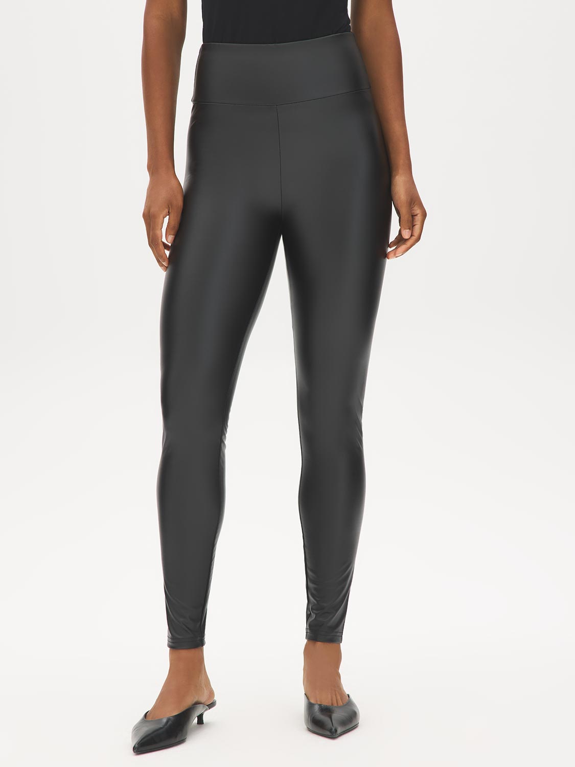 Black Faux Leather Wide Waistband Leggings - Front View - Suzy Shier