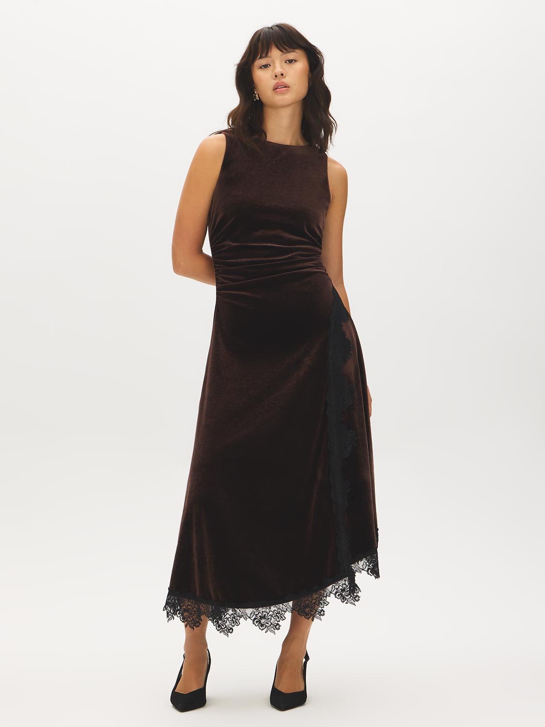 Milk Chocolate Velour Midi Dress with Lace Trim - Woman Wearing Asymmetrical Lace-Trim Dress - Suzy Shier