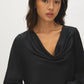 Black Satin Cowl Neck Blouse with Sequined Cuffs - Close-up Cowl Neck Detail - Suzy Shier