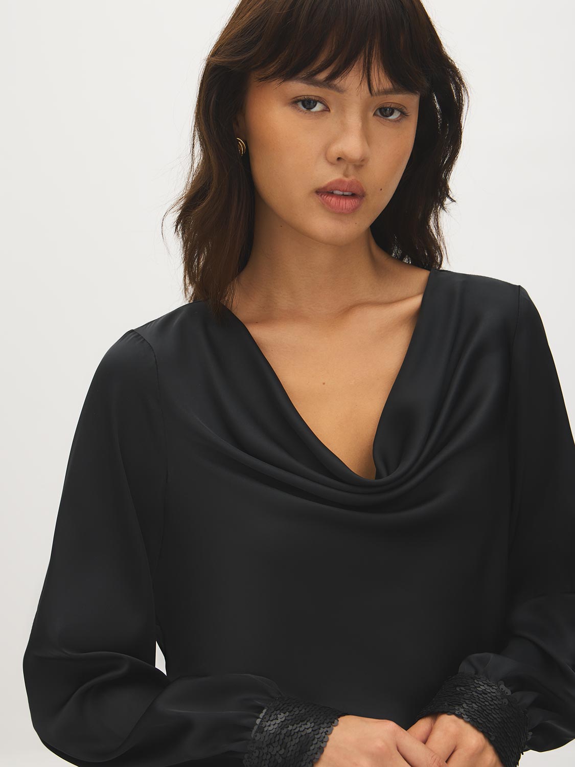 Black Satin Cowl Neck Blouse with Sequined Cuffs - Close-up Cowl Neck Detail - Suzy Shier