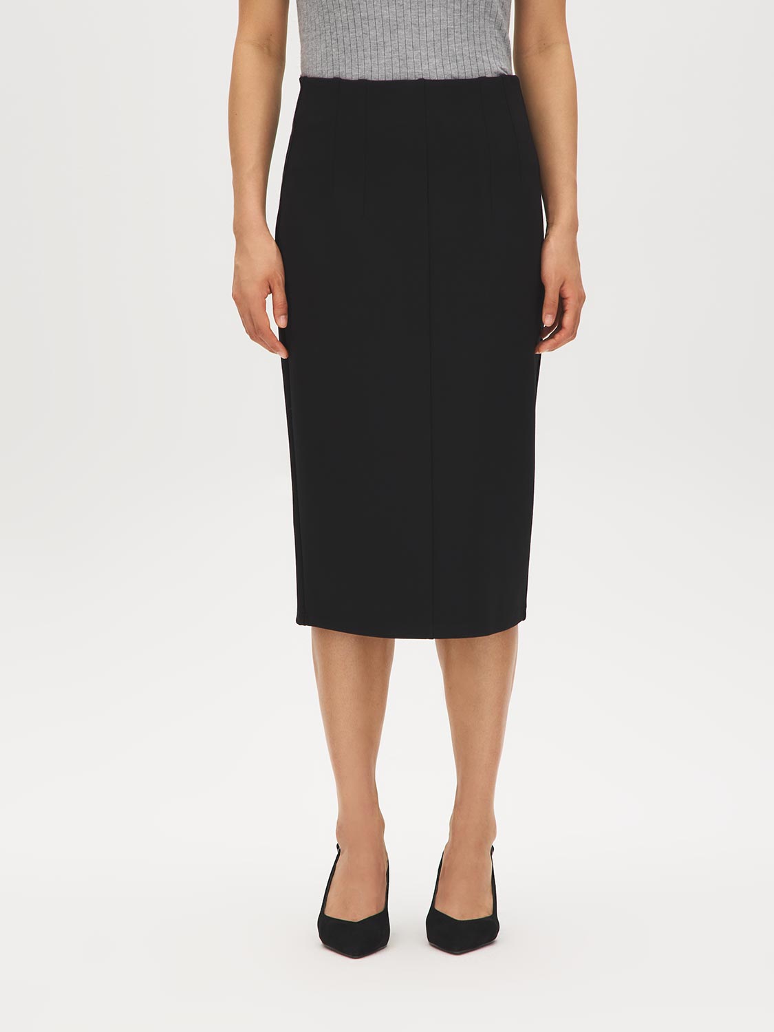 Black Corset-Waist Pencil Skirt with Back Slit - Front View - Suzy Shier