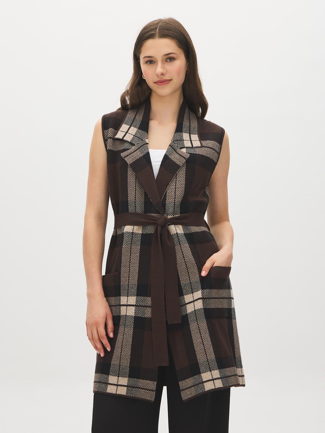 Brown/Black/Tan Jacquard Sleeveless Duster - Woman Wearing Longline Knit Vest - Suzy Shier