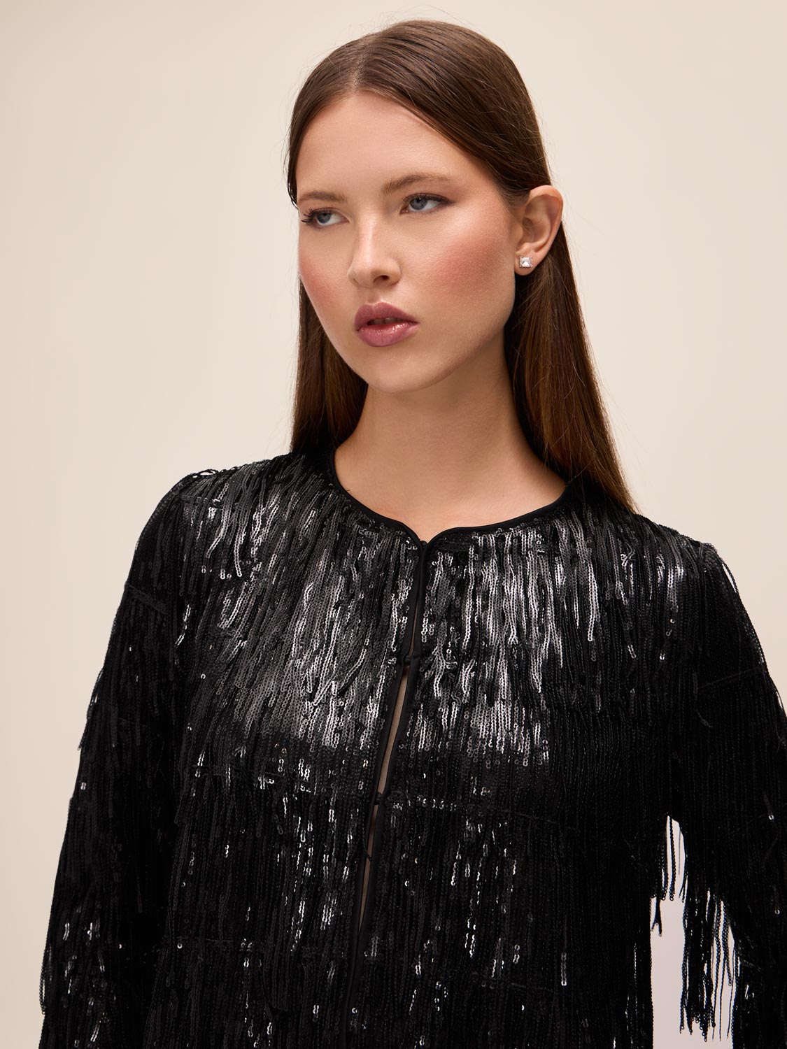 Black Sequin Fringe Bolero Cover Up - Close-up Fabric Detail - Le Chateau