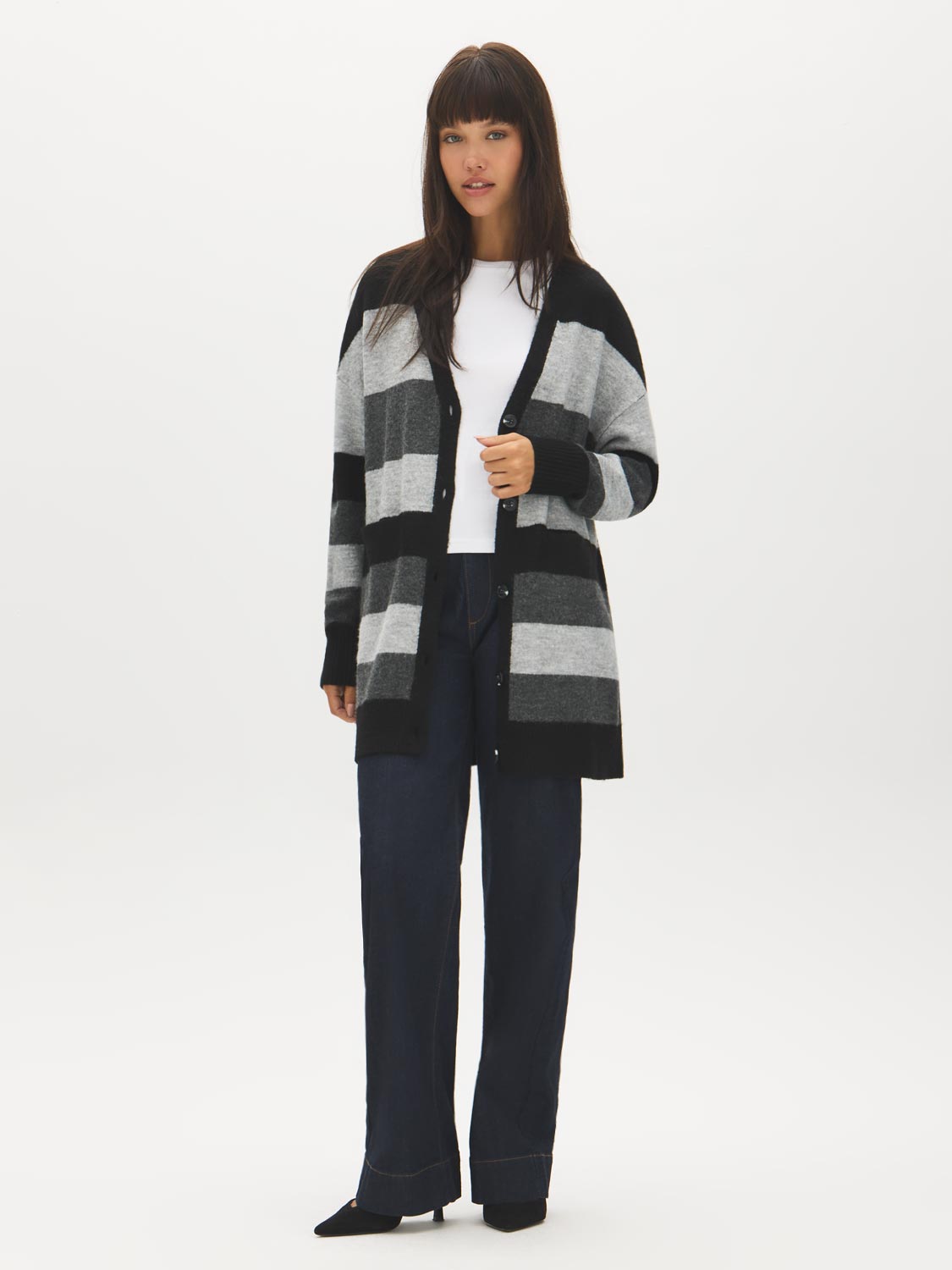 Dark Grey Mix Color Block Stripe Duster Cardigan - Front View - Suzy Shier