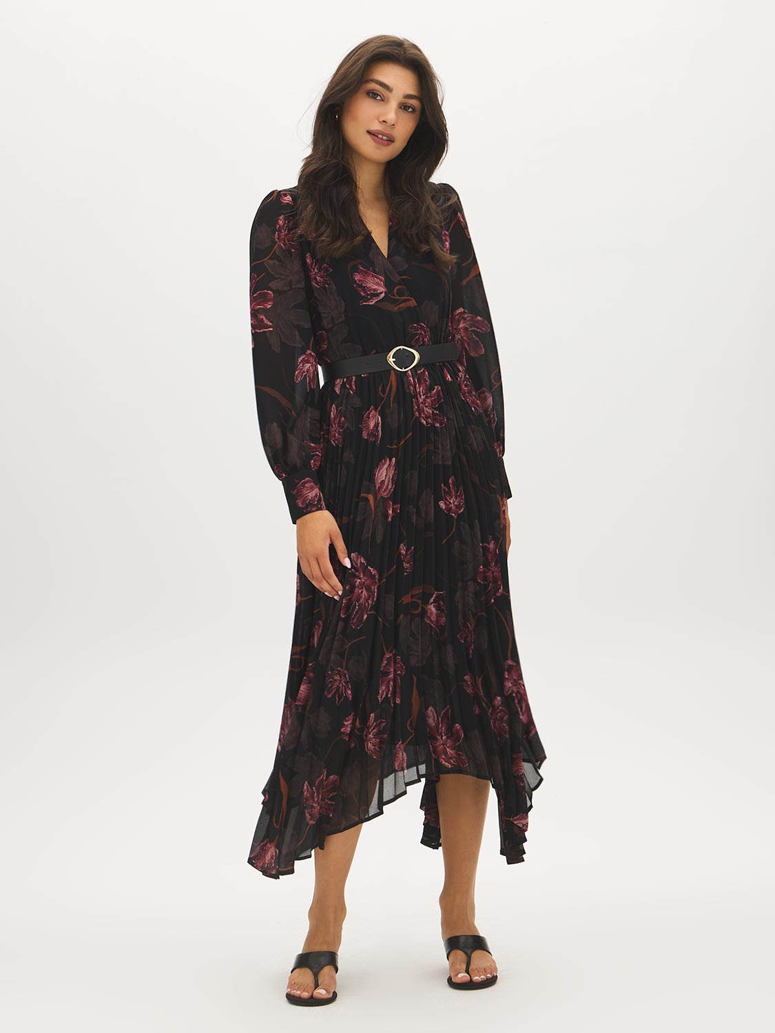 Jet Black Floral Print Chiffon Dress with Asymmetrical Skirt - Front View - Suzy Shier