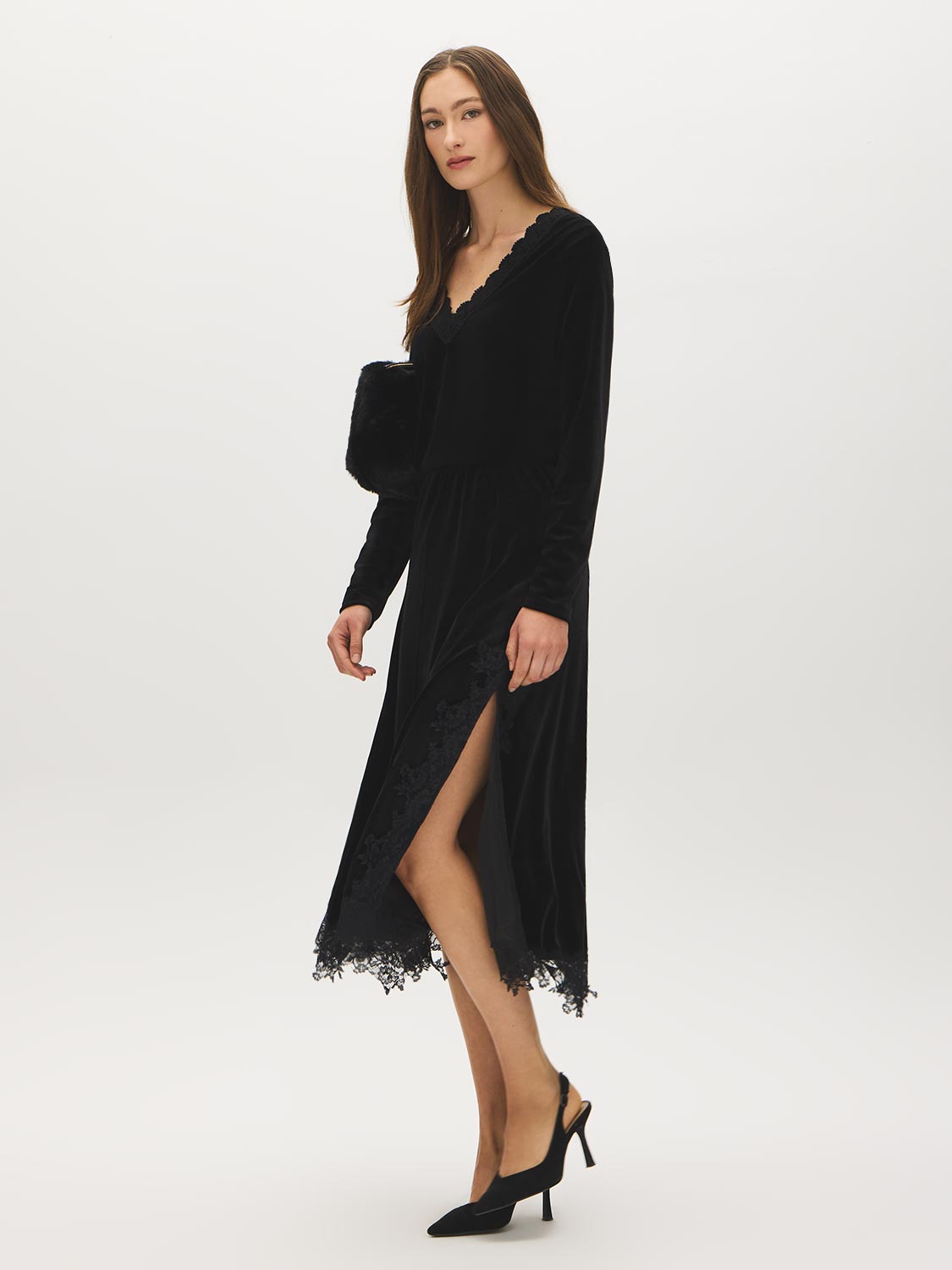 Black Lace Trim Velour Skirt with Front Slit - Side Profile View - Suzy Shier
