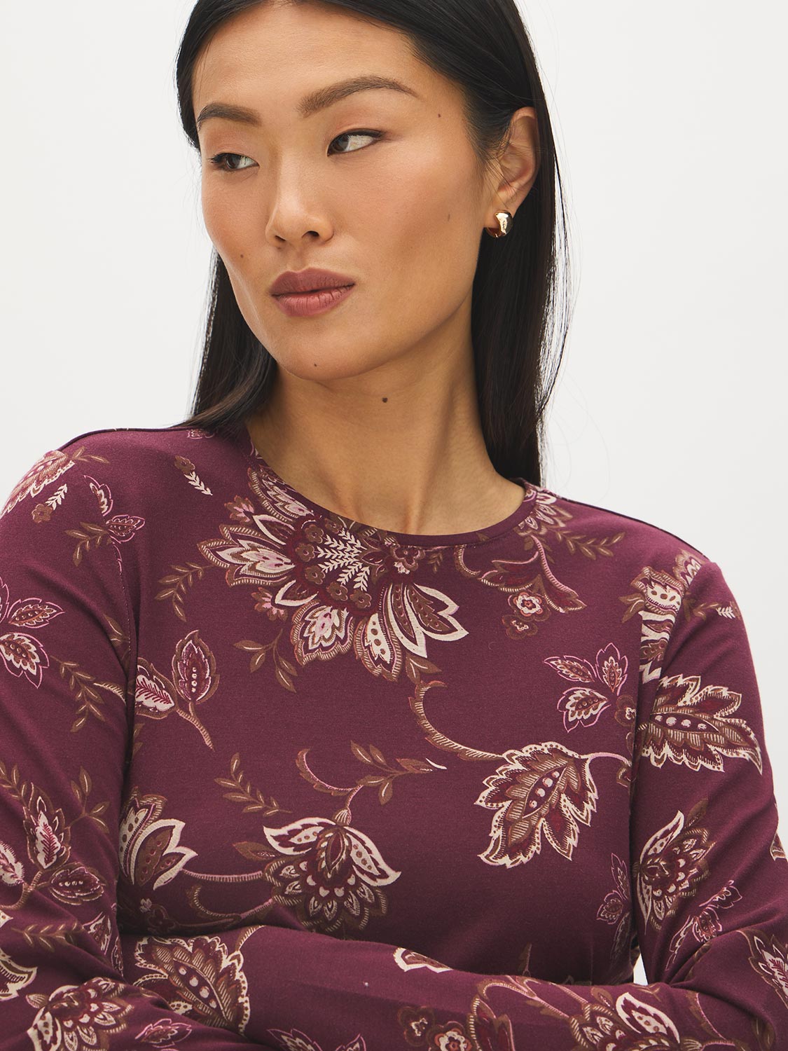 Winetasting Floral Crew Neck Jersey Top - Close-up Fabric Detail - Suzy Shier
