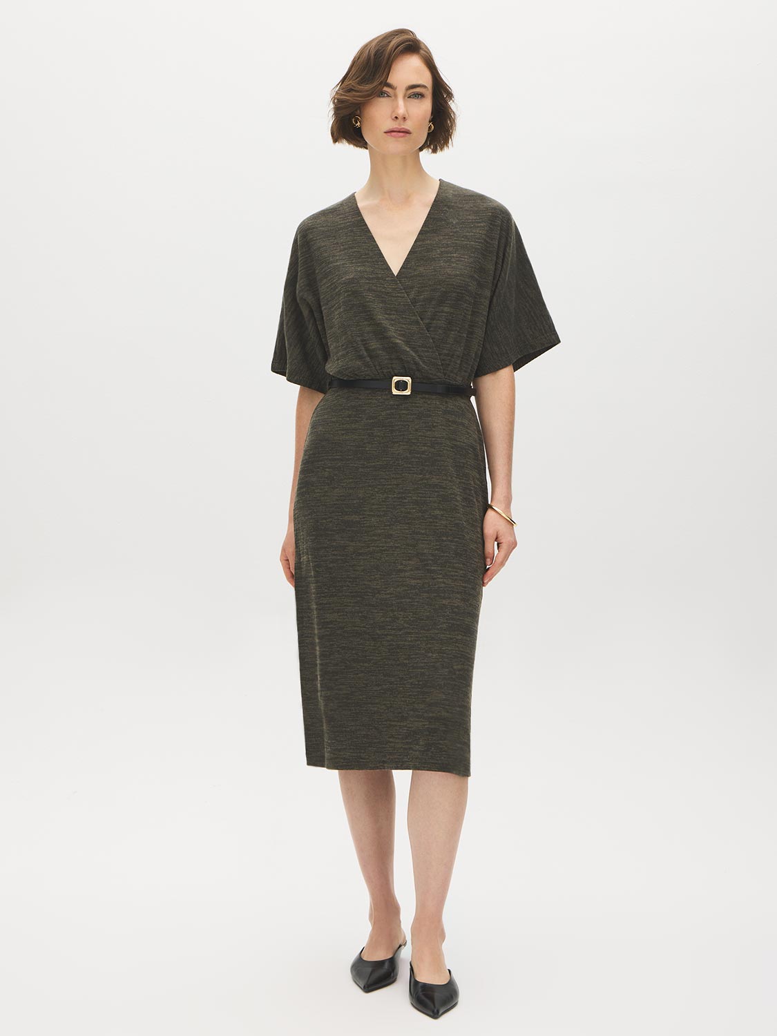 Green Mix Textured Knit Dolman Sleeve Dress - Woman Wearing Cross-Front Belted Midi Dress - Suzy Shier