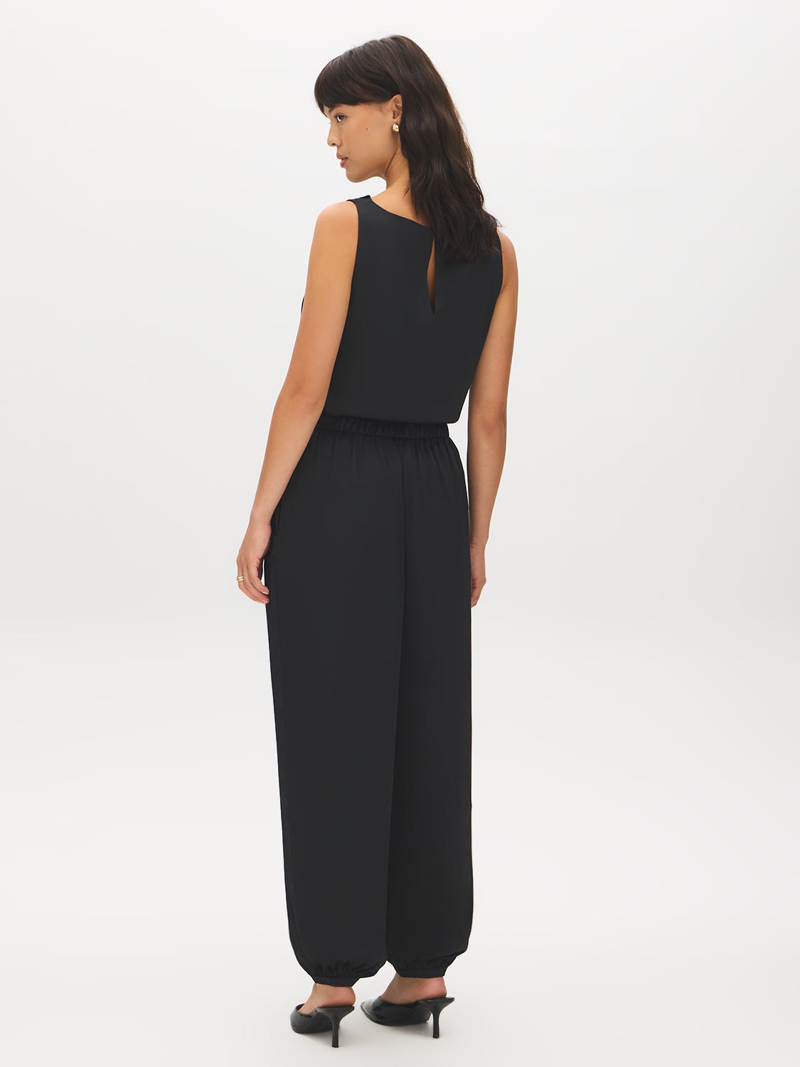 Black Pull-On Satin Pants with Elastic Back - Back View - Suzy Shier