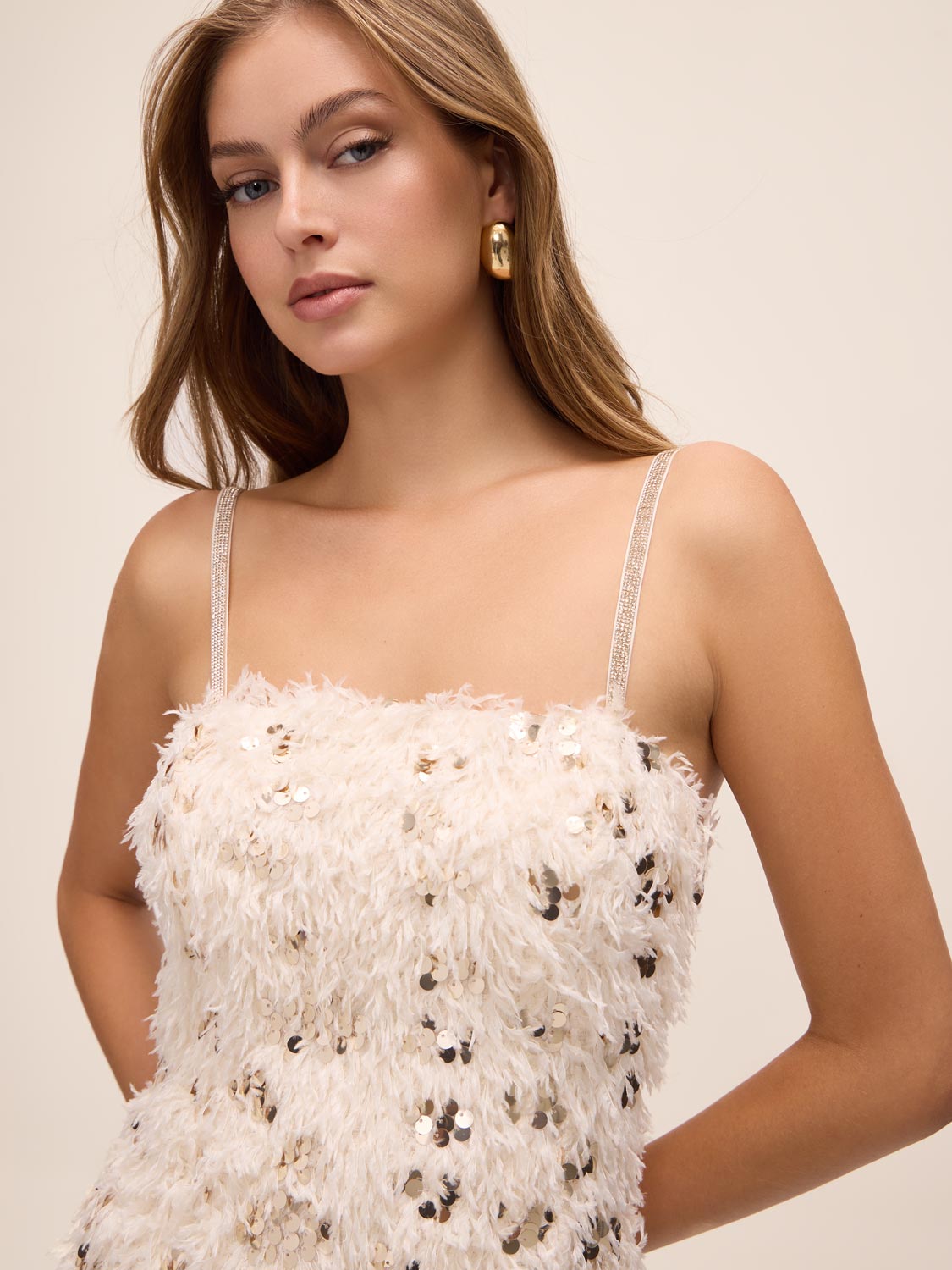 Antique Cream Sequin and Feather Mini Dress - Close-up Fabric Detail - Le Chateau