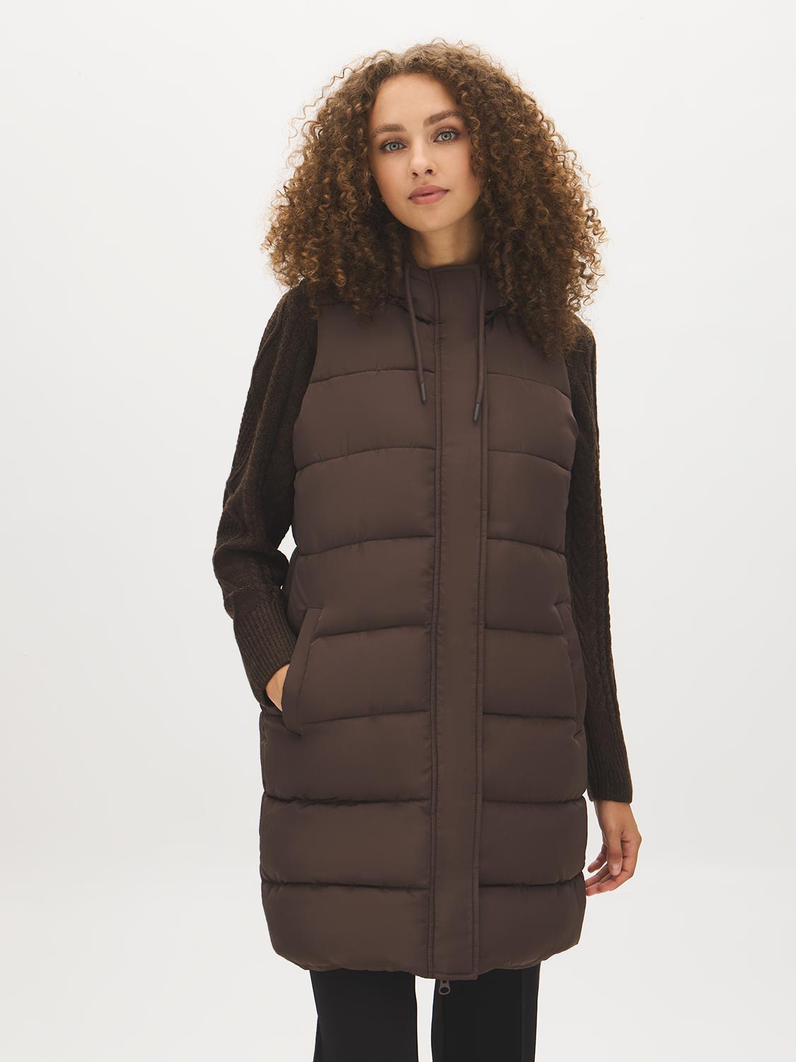 Brown Quilted Long Puffer Vest with Hood - Front View - Suzy Shier
