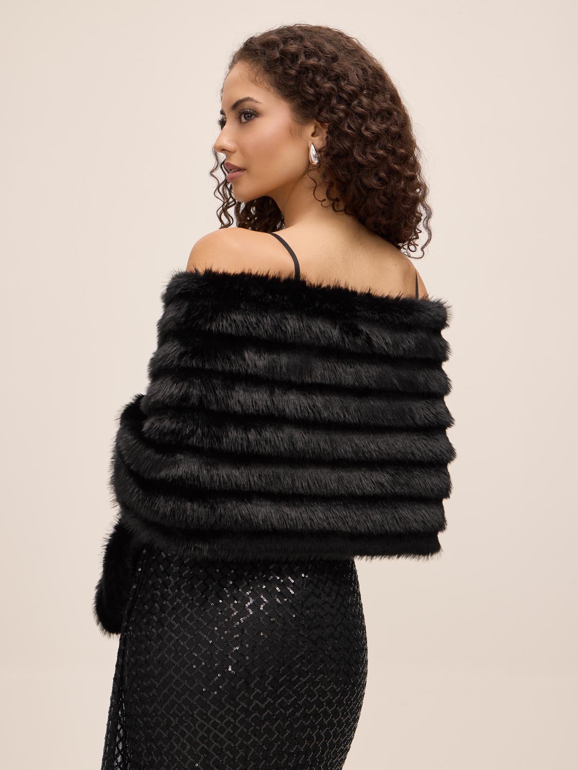 Black Fur-Striped Shawl with Jewel Trim Closure - Back View - Le Chateau