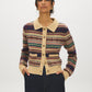 Green/Blue/Beige Multi-Color Jacquard Button-Front Sweater - Woman Wearing Patterned Knit Sweater - Suzy Shier