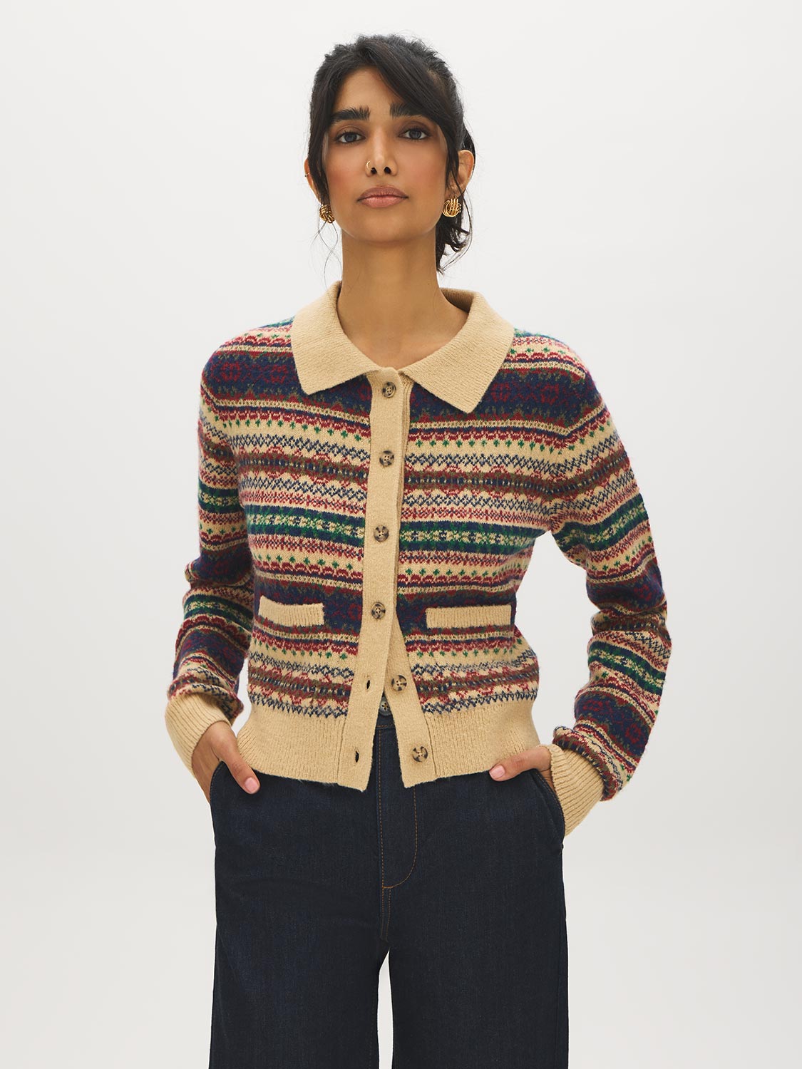 Green/Blue/Beige Multi-Color Jacquard Button-Front Sweater - Woman Wearing Patterned Knit Sweater - Suzy Shier