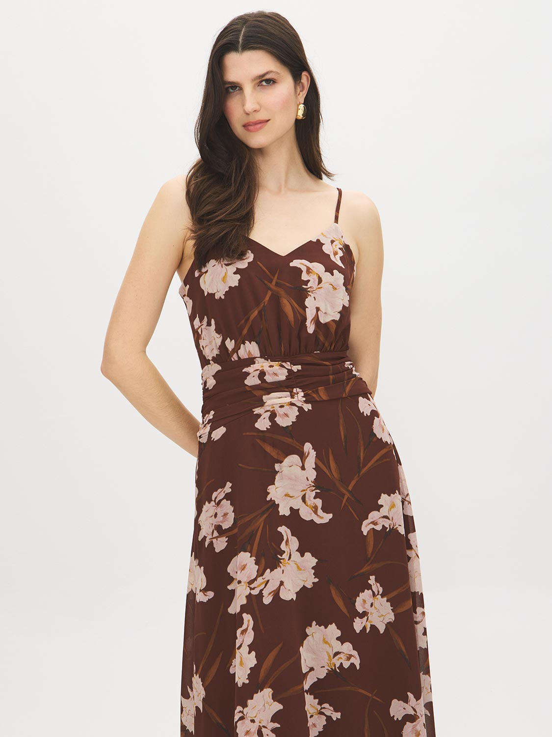 Milk Chocolate Floral Chiffon Midi Dress with Cummerbund Waist - Front View - Suzy Shier