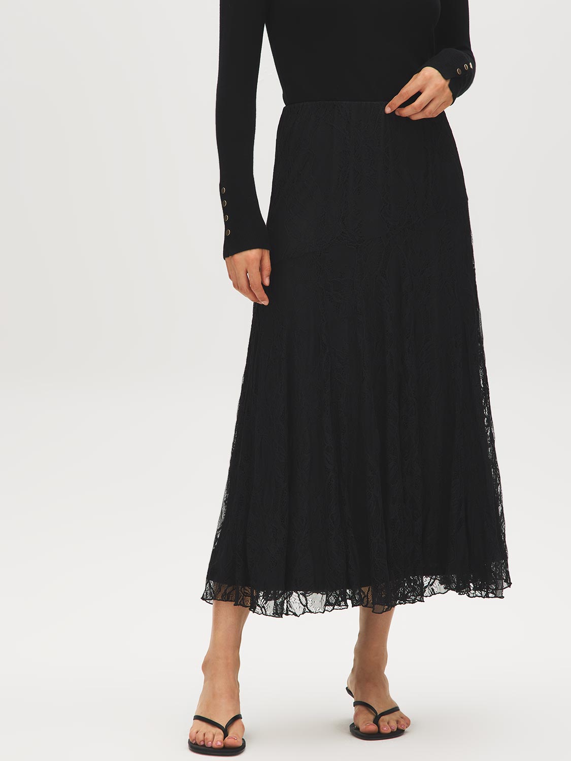 Black Lace Skirt with Diagonal Drop Waist - Front View - Suzy Shier