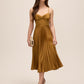 Dijon Pleated Satin Midi Dress with Knot Front - Woman Wearing Elegant Evening Dress - Le Chateau