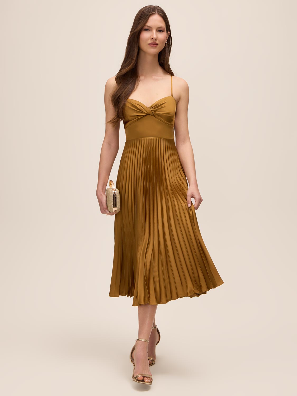 Dijon Pleated Satin Midi Dress with Knot Front - Woman Wearing Elegant Evening Dress - Le Chateau