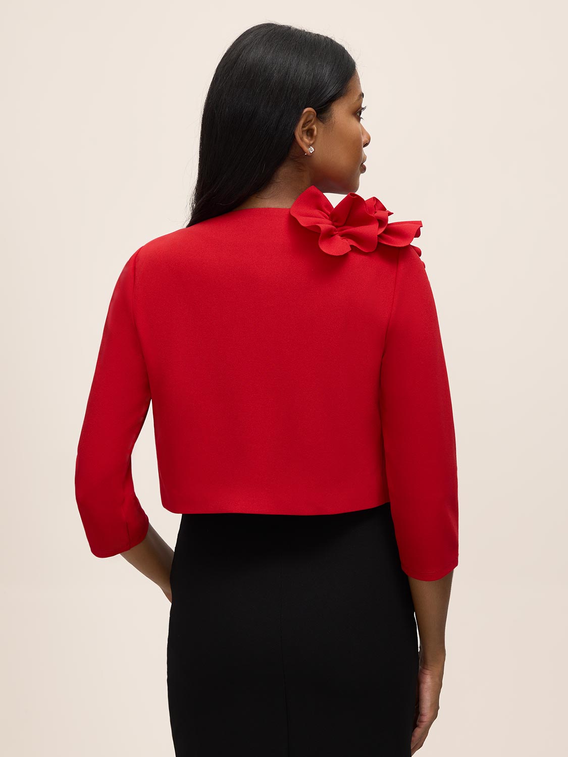 Red Knit Crepe Bolero with Side Ruffle - Back View - Le Chateau