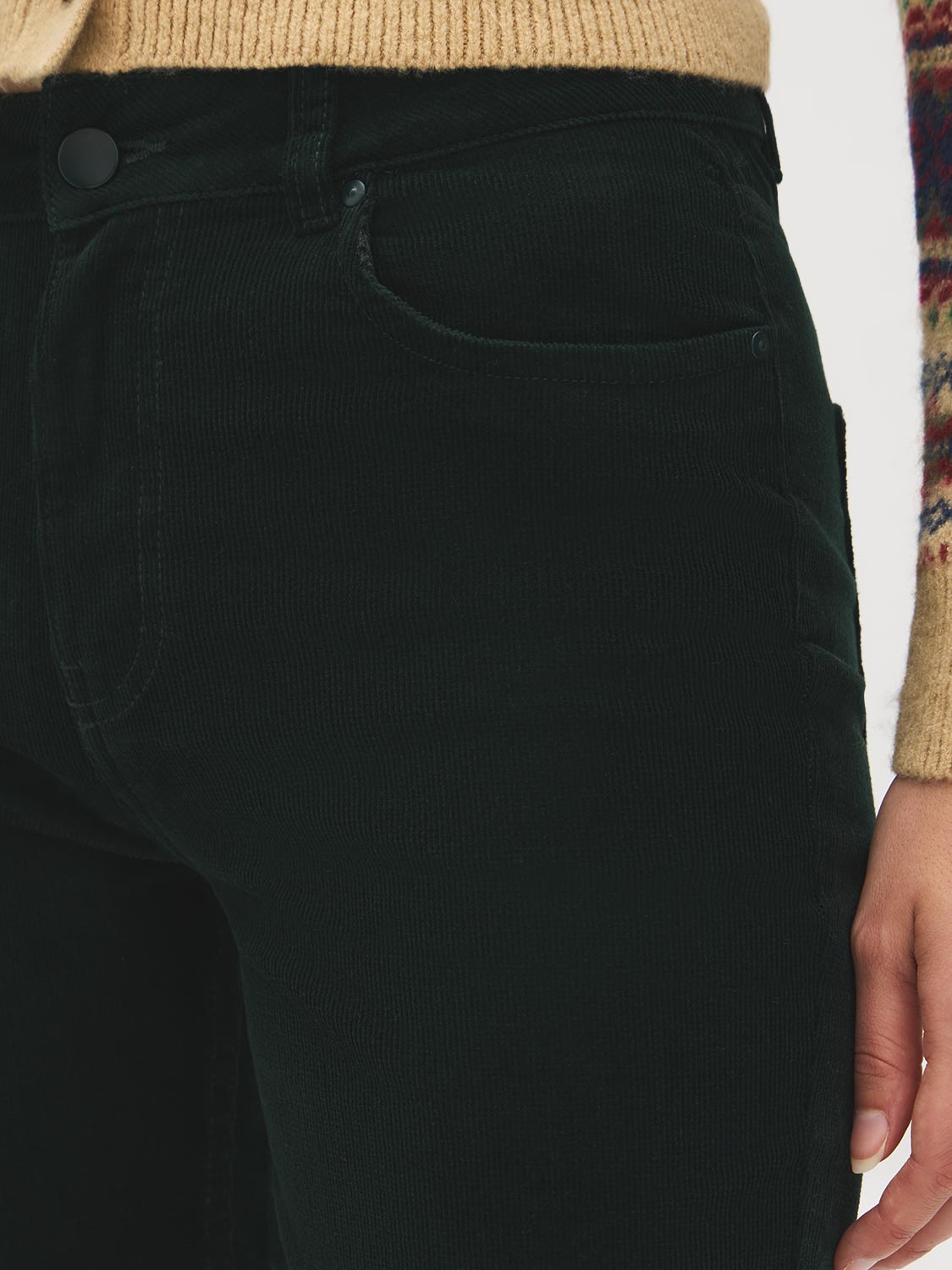 Scarab Corduroy Flare-Leg Pants - Close-up Pocket Detail - Suzy Shier