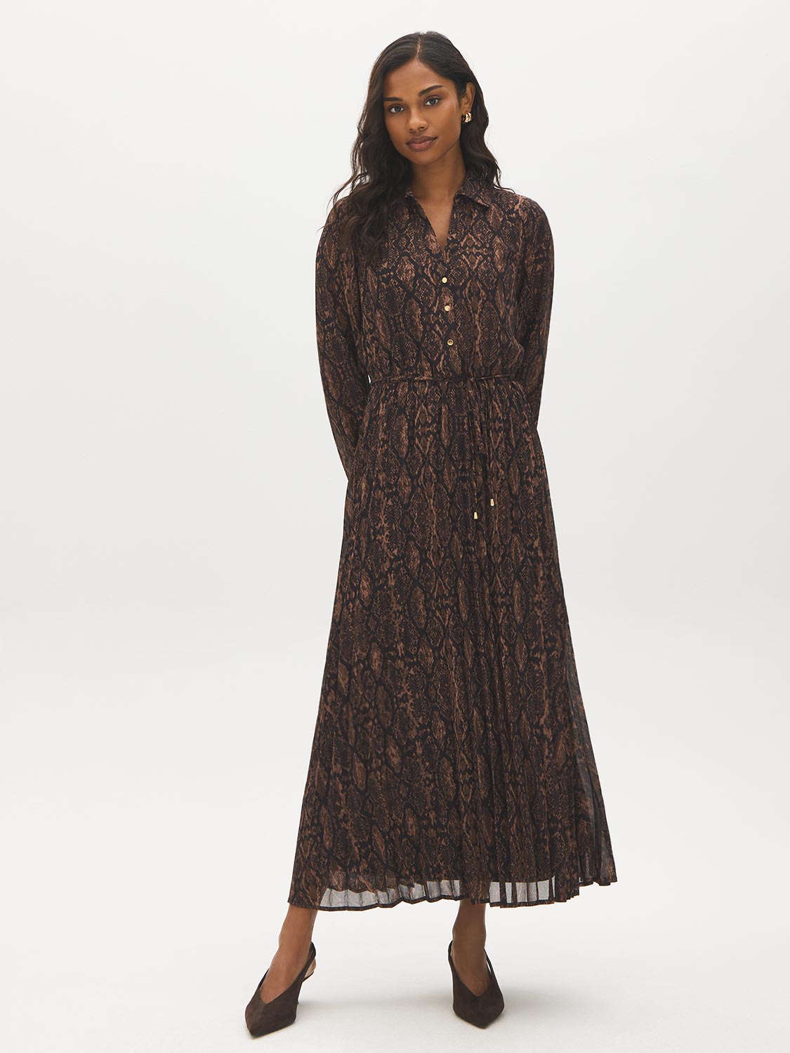 Black Bean Snake Print Chiffon Dress - Woman Wearing Pleated Skirt Dress - Suzy Shier