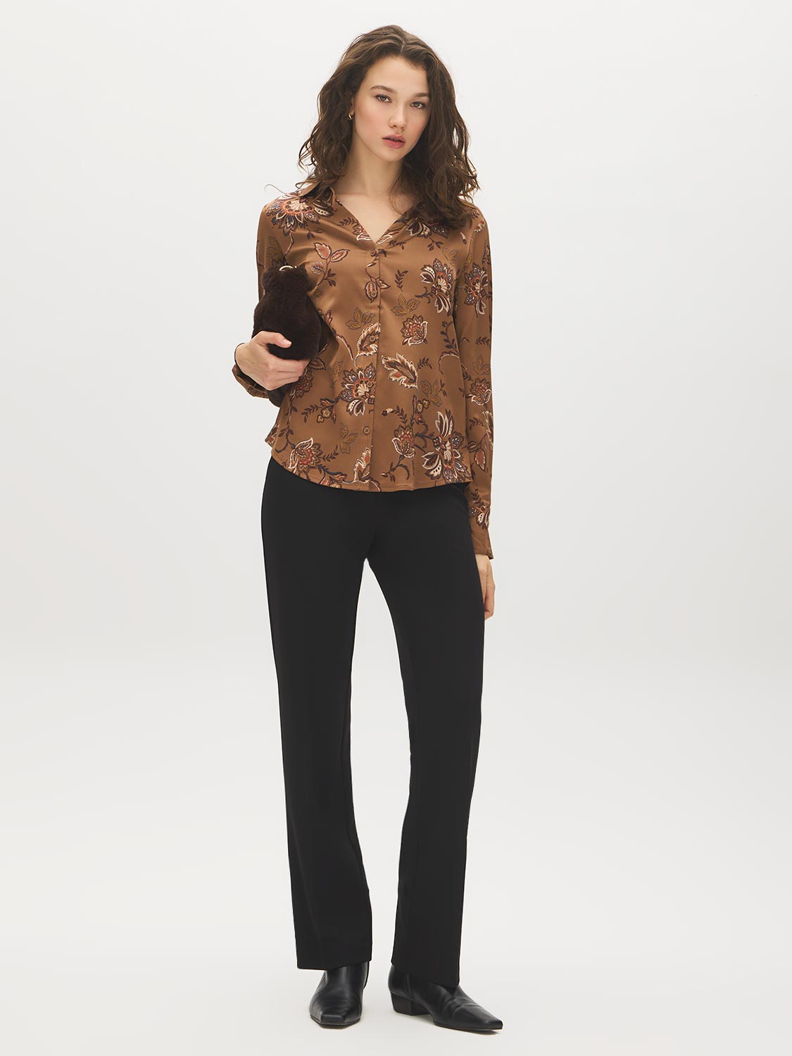 Soft Silt Paisley Print Satin-Like Blouse - Front View - Suzy Shier