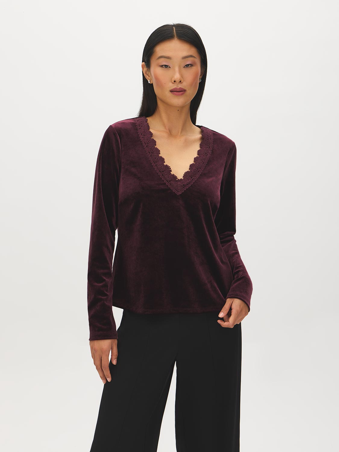 Black Velvet Top with Crochet V-Neck - Front View - Suzy Shier
